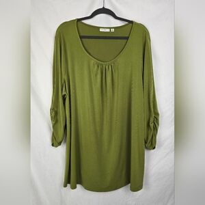 Susan Graver Green Liquid Knit Ruched Sleeve Minimalist Tunic Top sz 2X